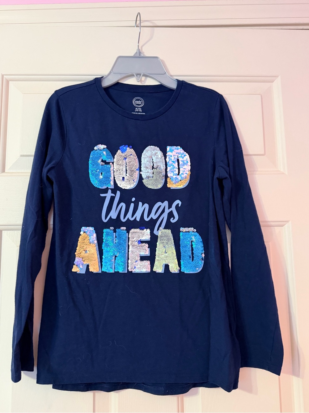 Girls Navy Long-Sleeve Top with Multicolor Sequin 'Good Things Ahead'